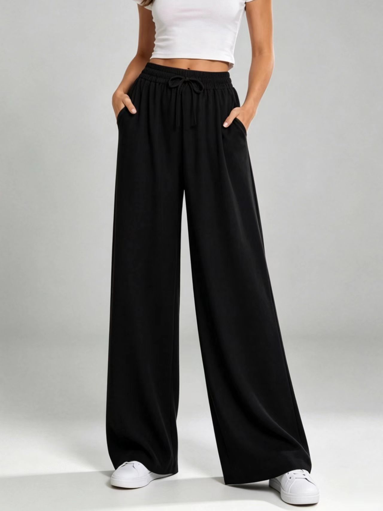 Drawstring High-Waist Straight-Leg Wide-Leg Pants for Women Solid Color