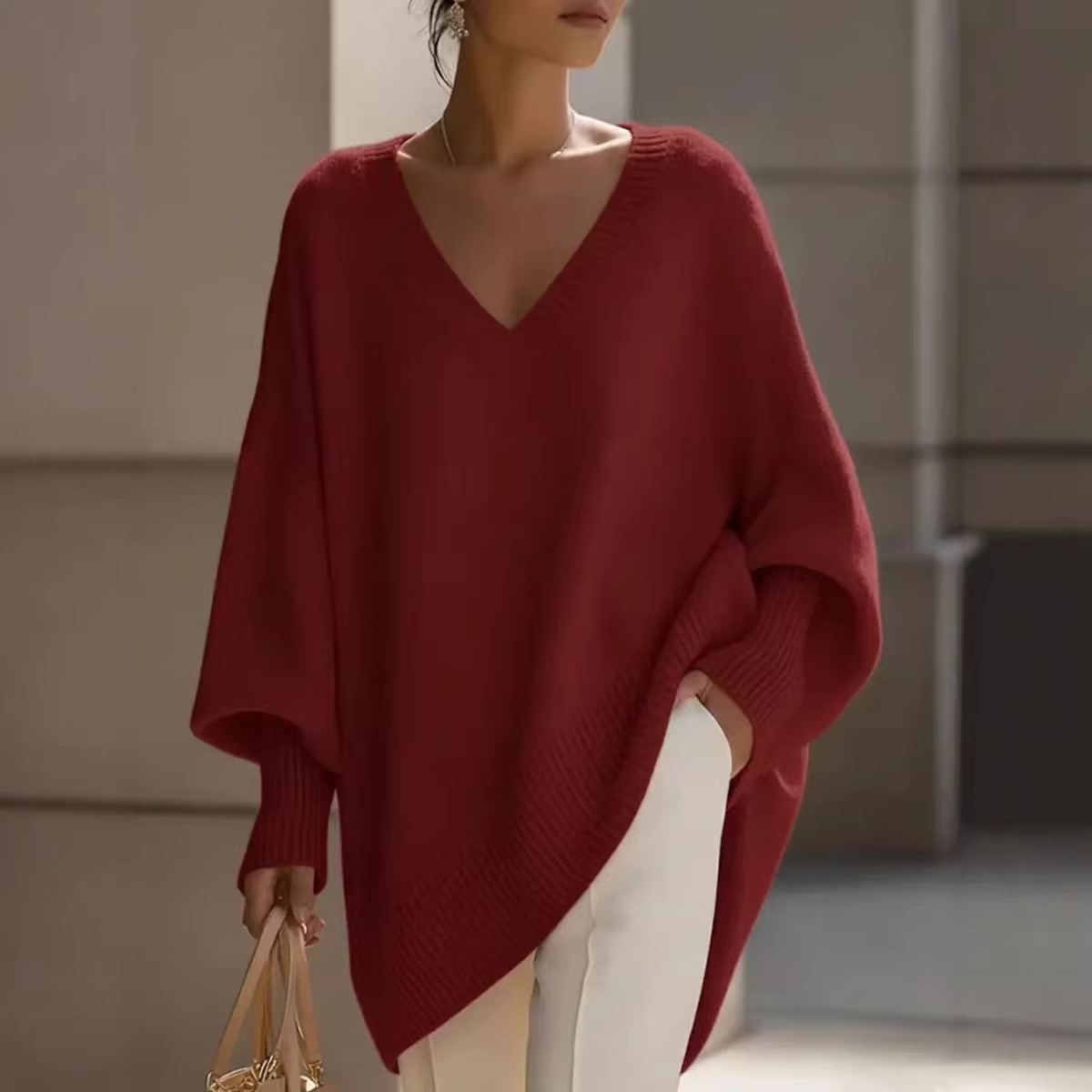 Women's Solid Color Long Sleeve V-Neck Knit Top