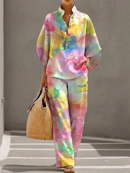 Women's Polka Dot Floral Print Long Sleeve Button-Up Top Set