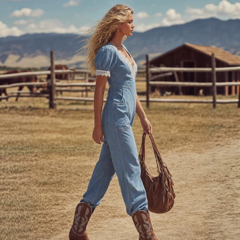 Western Lace Patchwork Denim Jumpsuit