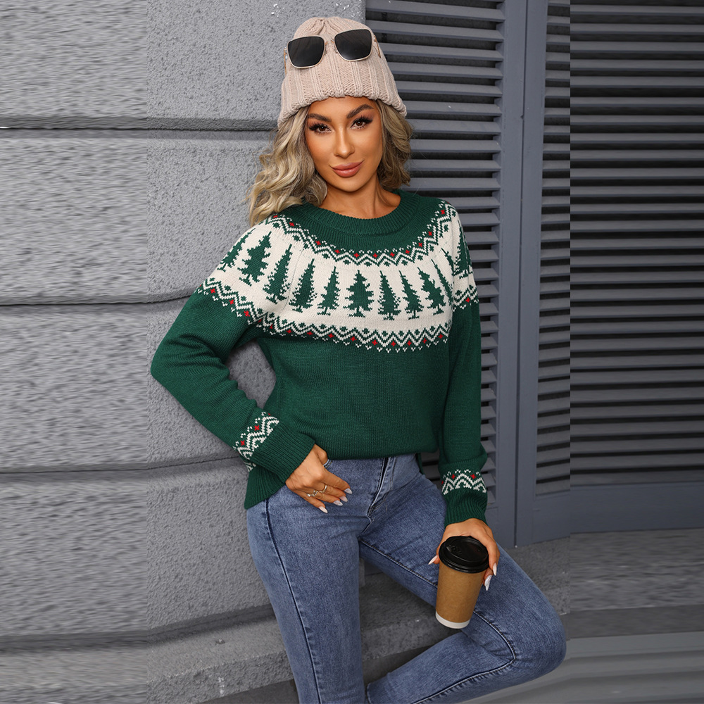 Christmas Tree Jacquard Crewneck Pullover Sweater Green