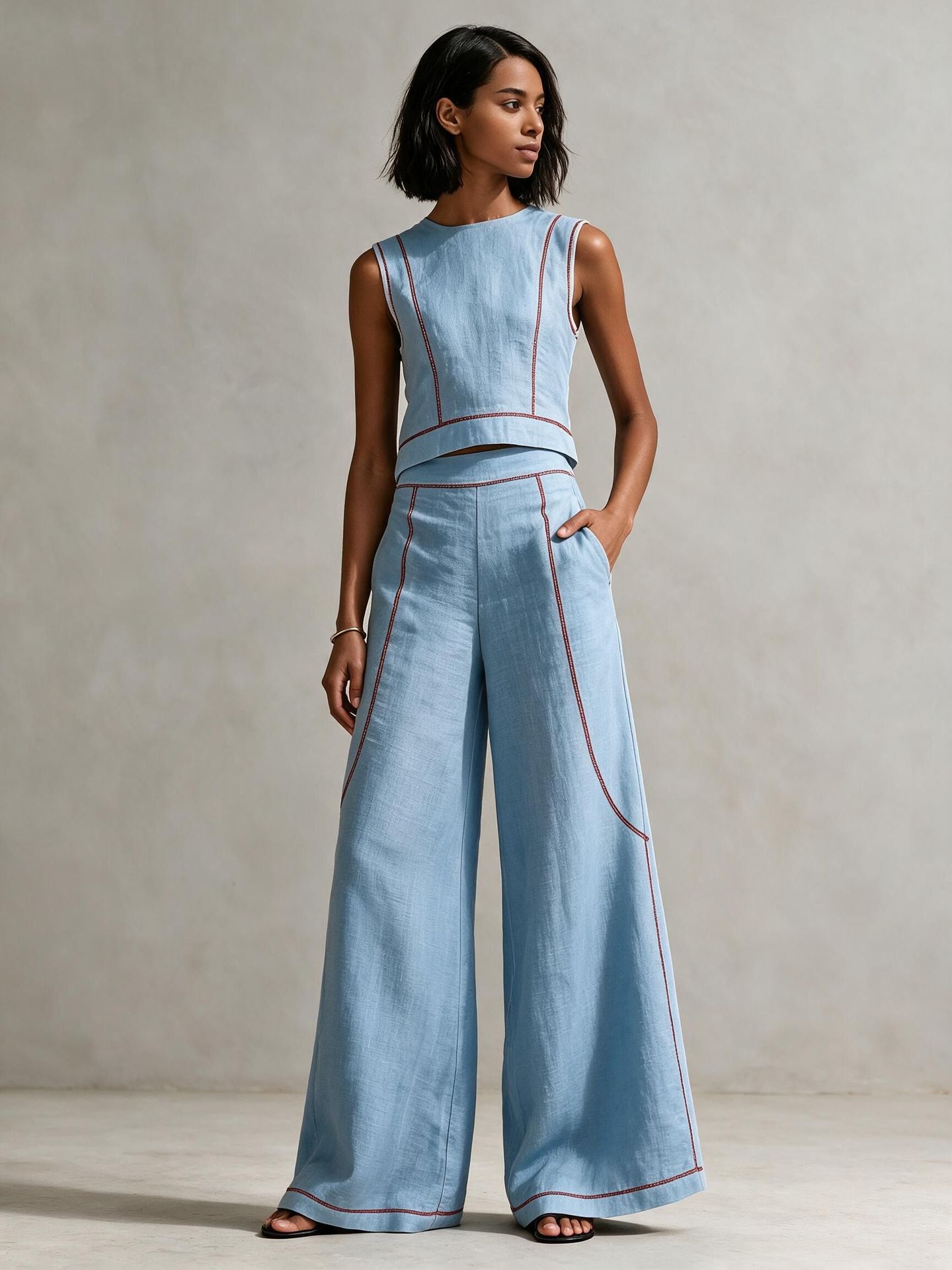 Sleeveless Color-Block Wide-Leg Pants Set Women's Casual Two-Piece