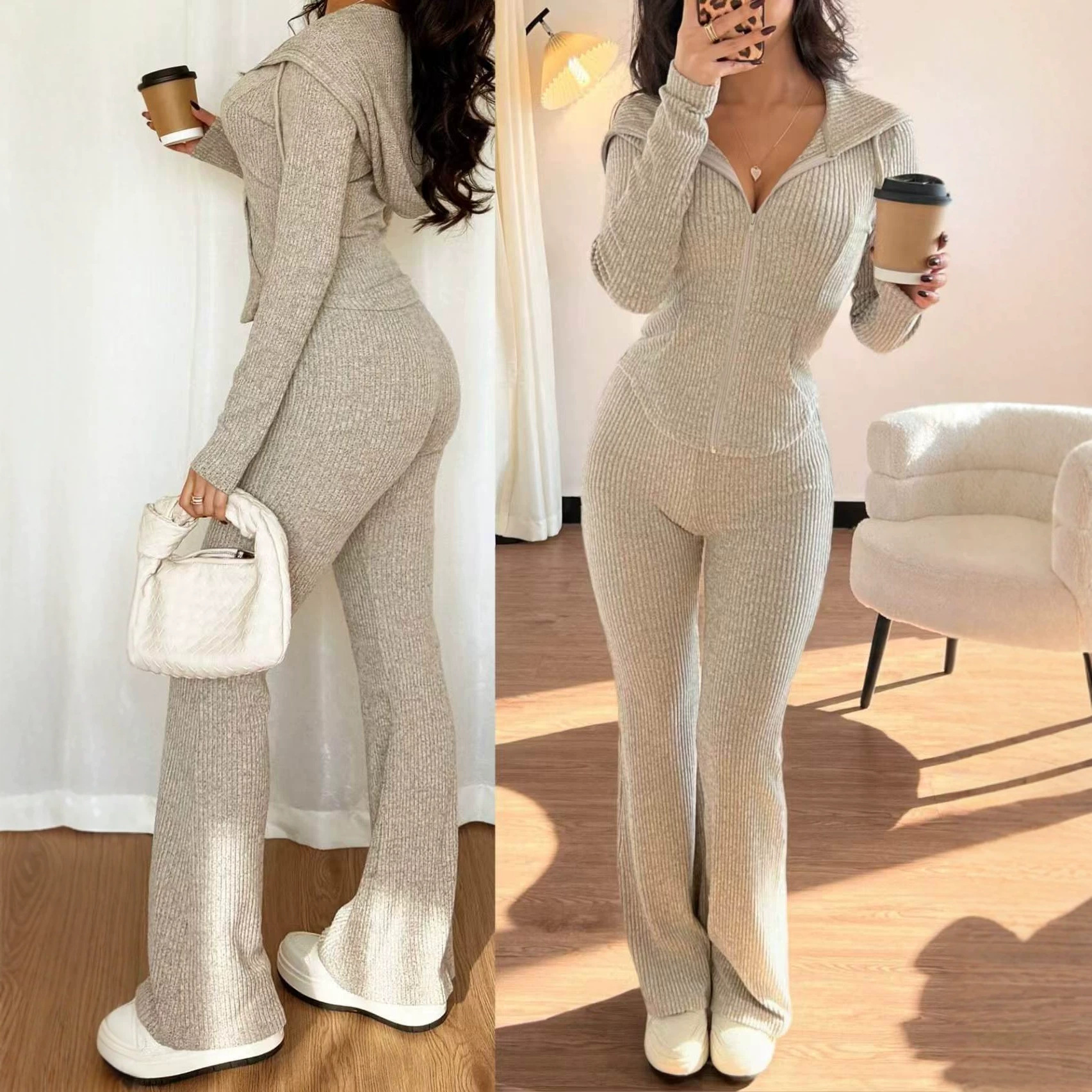 Women's Slim Fit Zip-Up Top and Pants Set