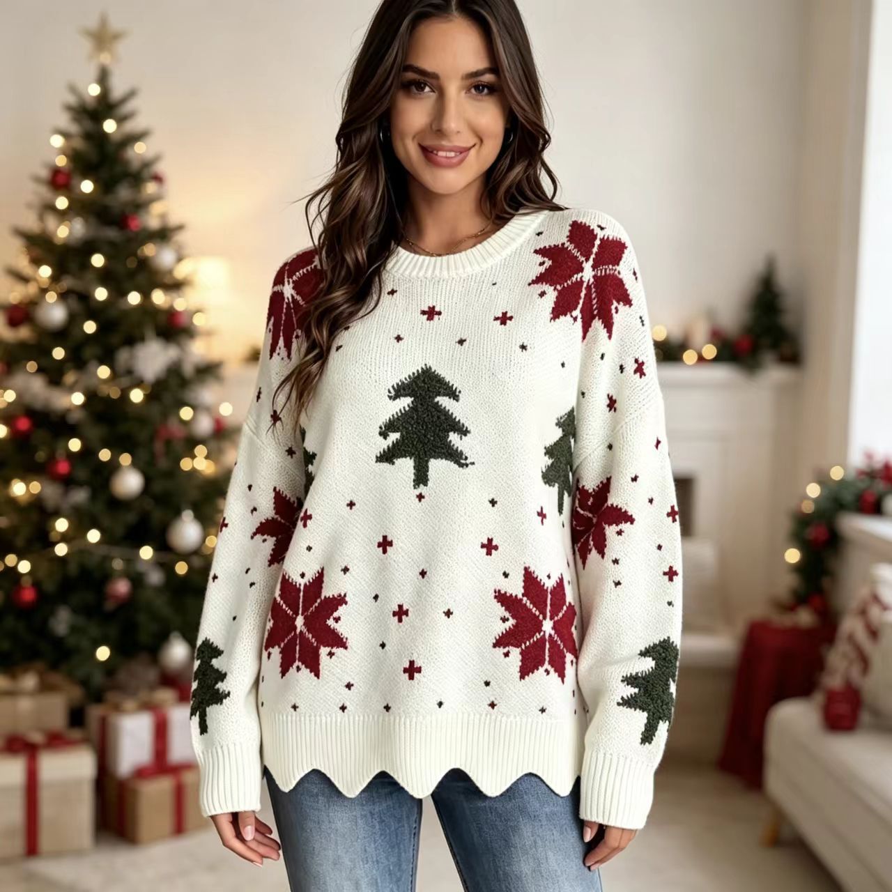 Christmas Jacquard Crewneck Knit Sweater Unisex Loose Fit