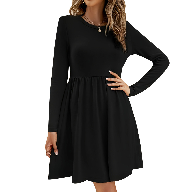 Women's Casual Long Sleeve A-Line Dress with Pleated Loose Fit