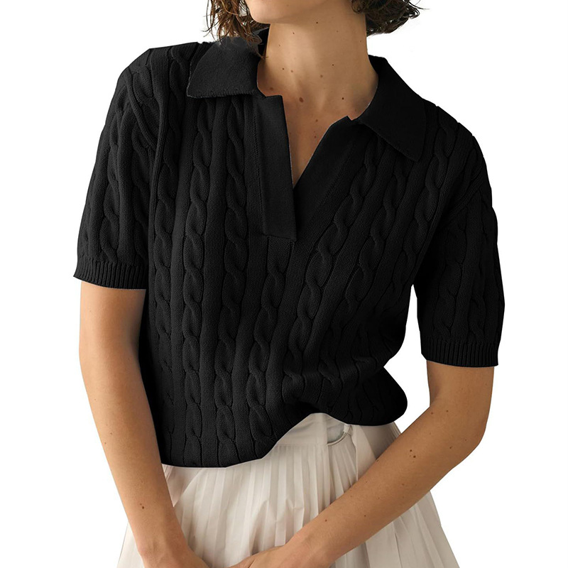 Women's Polo Collar Short Sleeve Cable Knit Sweater