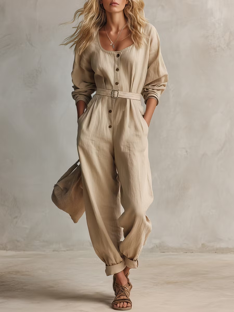 Women's Linen Square Neck Long Sleeve Jumpsuit with Belt