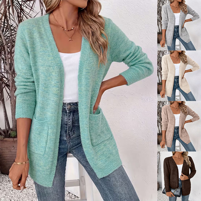 Women's Pocket Cardigan Sweater Mid-Length Loose Solid Knit Coat