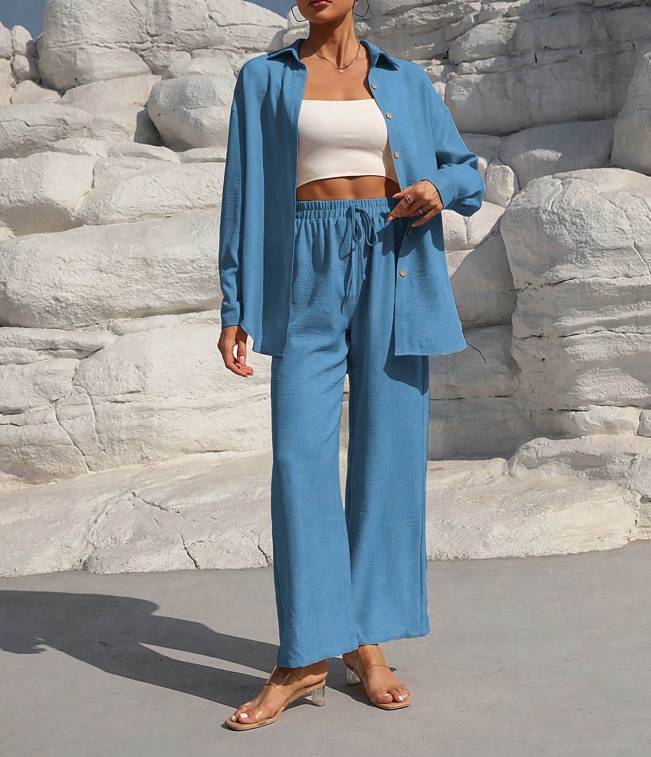 Women's Plus Size Long Sleeve Cardigan & Pants Two-Piece Set Solid Color Casual