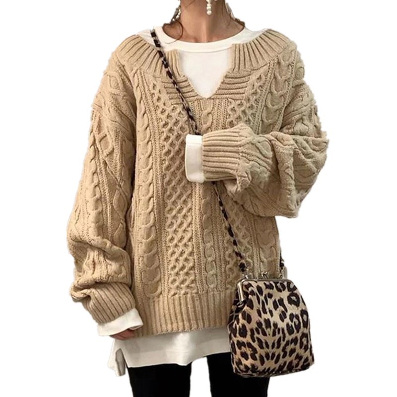 Women's Cable Knit V-Neck Sweater Loose Fit Long Sleeve Pullover