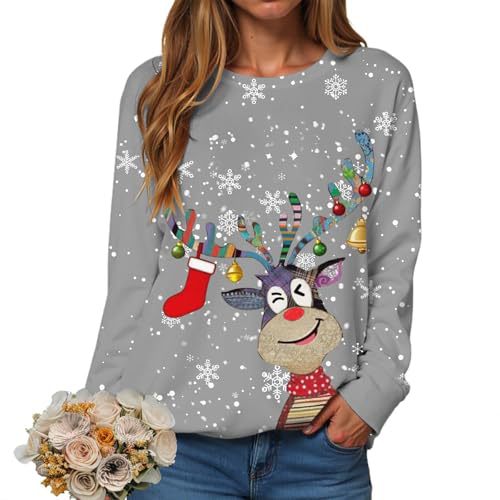 Women's Christmas Reindeer Snowflake Print Crewneck Sweatshirt