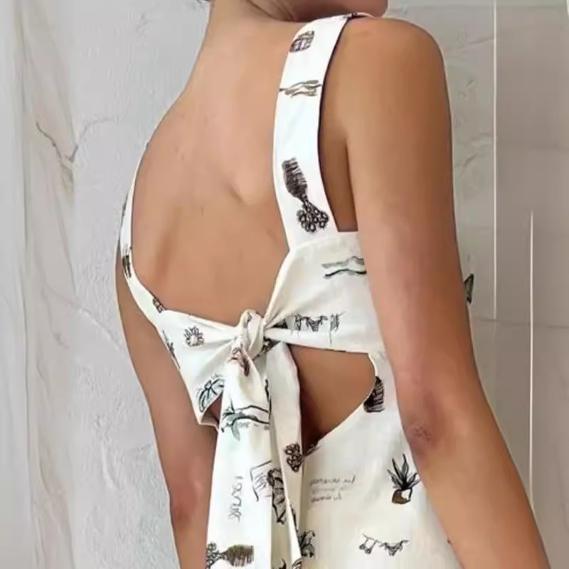 Women's Sexy Slim Fit Backless Tie Strap Printed Cami Dress