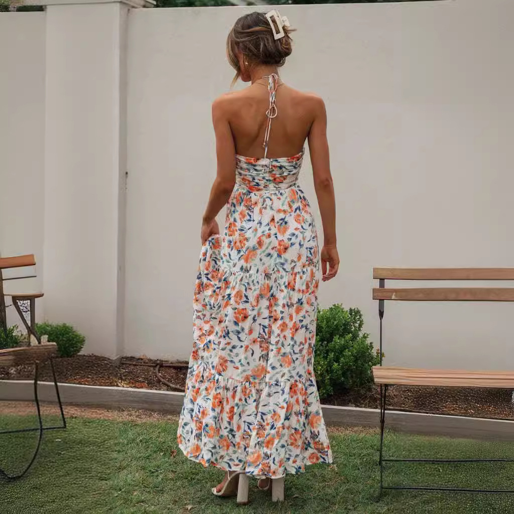 Women's Off-Shoulder Halter V-Neck Sleeveless Long Dress with Floral Print