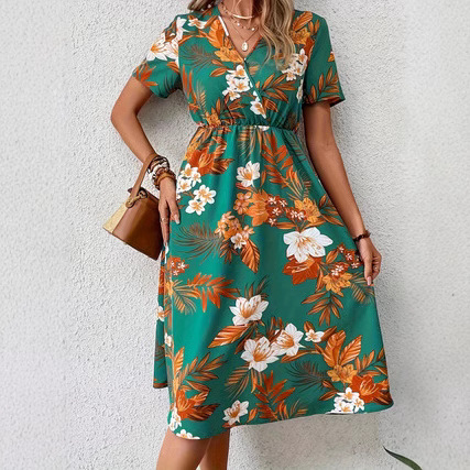 V-Neck Short Sleeve Floral Print Midi Dress