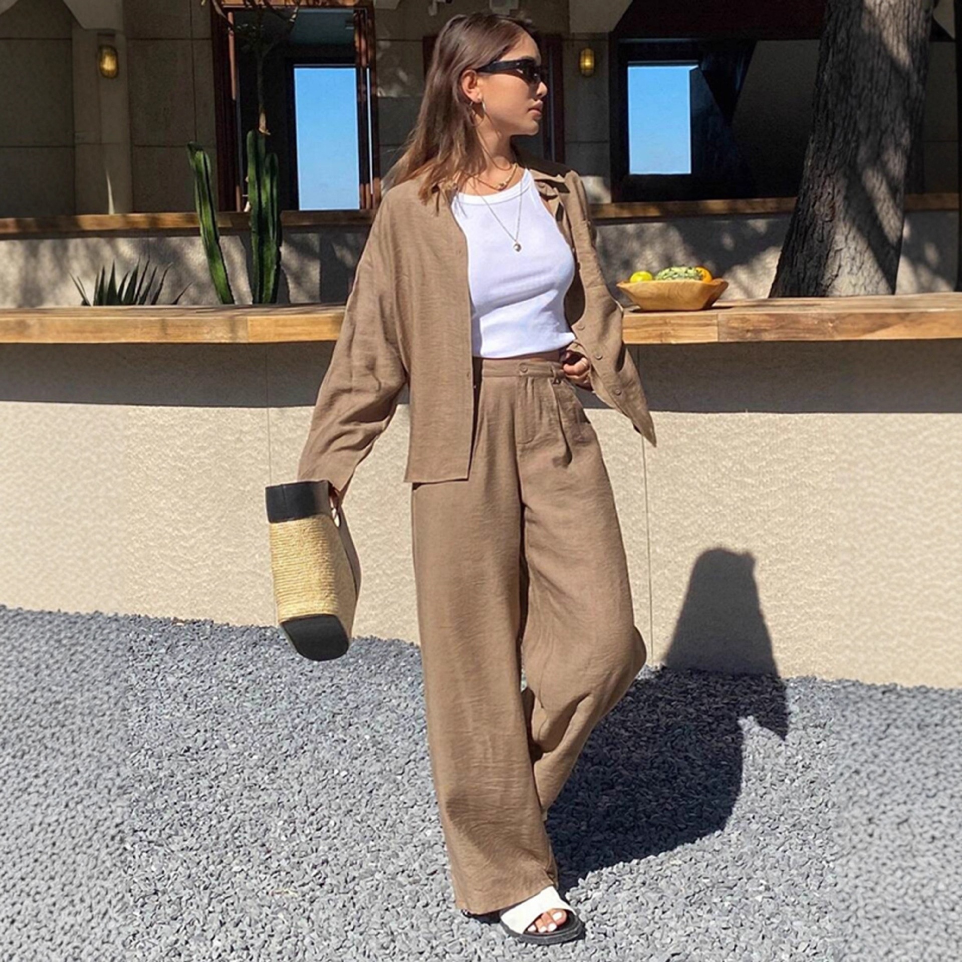 Women's Button-Down Loose Casual Two-Piece Pant Set