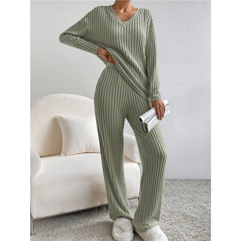 Women's Two-Piece V-Neck Knit Top and Straight-Leg Pants Set