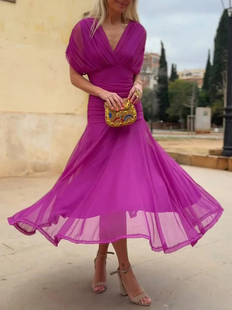 Elegant Solid Deep V-Neck Waist-Cinched Mesh Dress