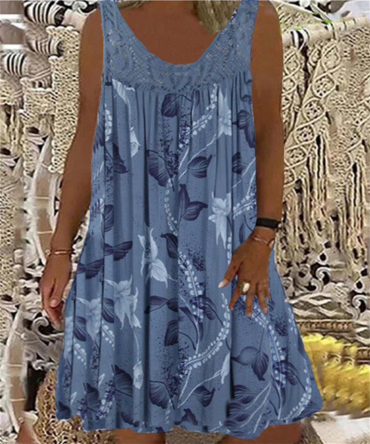 Women's Vintage Floral Butterfly Midi Dress Sleeveless Round Neck Slim Fit