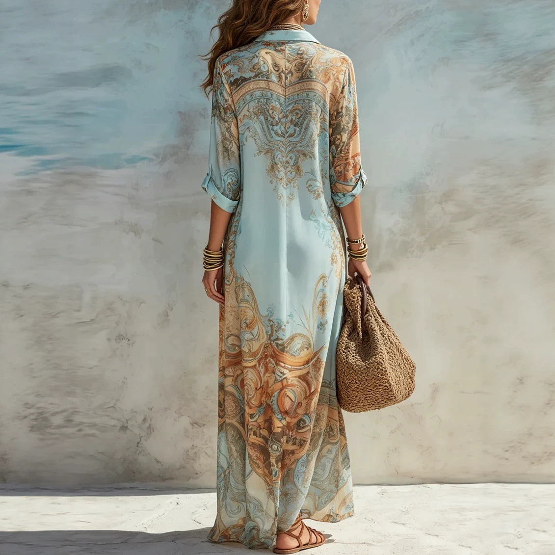 Fresh Retro Digital Print Flowy Midi Dress
