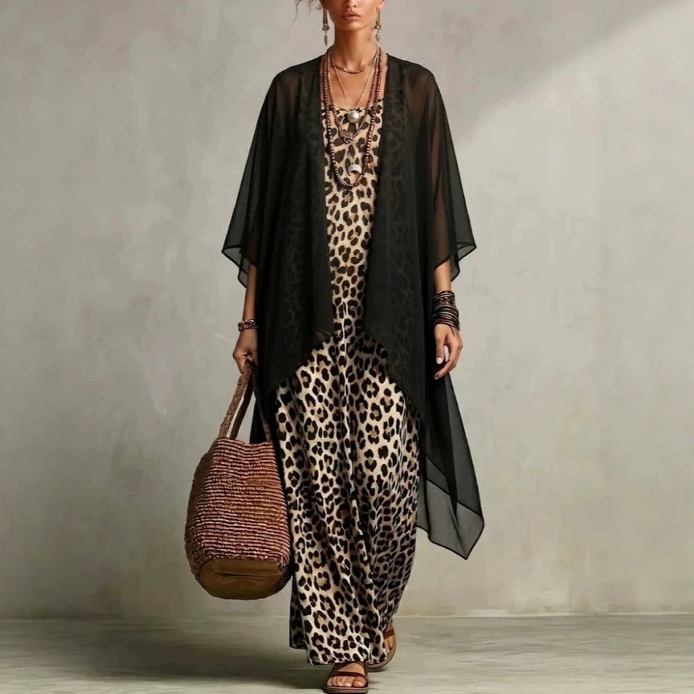 Leopard Print Cami Maxi Dress with Chiffon Cardigan Two-Piece Set