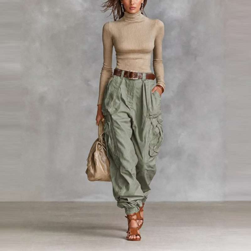 High-Waisted Wide-Leg Cargo Pants for Women, Loose Streetwear, Non-Stretch