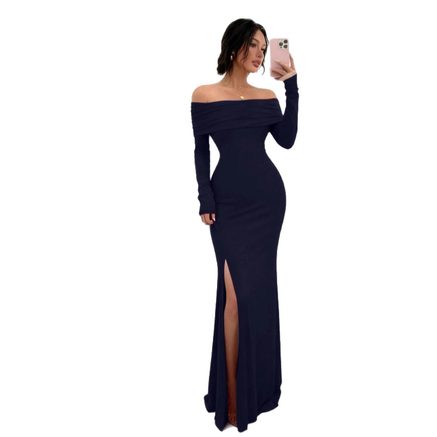 Long Sleeve Off-Shoulder Slit Bodycon Midi Dress