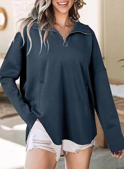 Women's Loose Fit Zip-Up Hoodie with Lapel Collar
