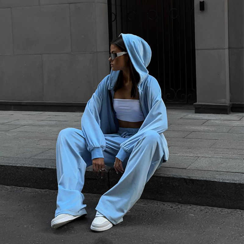 Women's Casual Two-Piece Set Solid Long-Sleeve Zip Hooded Cardigan Top and Jogger Pants