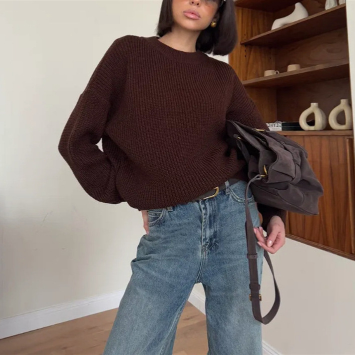 Loose Solid Color Distressed Crewneck Pullover Sweater Long Sleeve Mid-Length