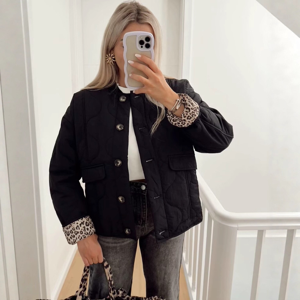 Women's Leopard Print Padded Coat with Ribbed Trim
