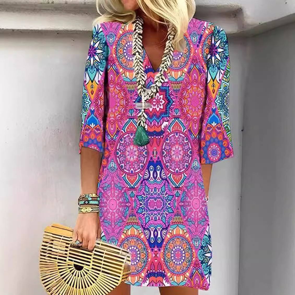 V-Neck Floral Print Loose Casual Midi Dress