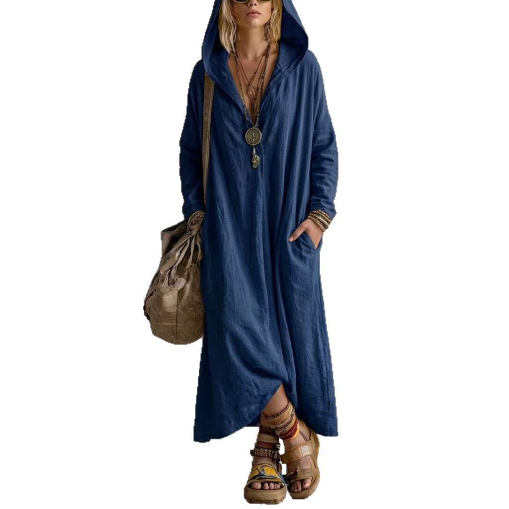 Hooded Cotton-Linen Long Sleeve Maxi Dress with Pockets