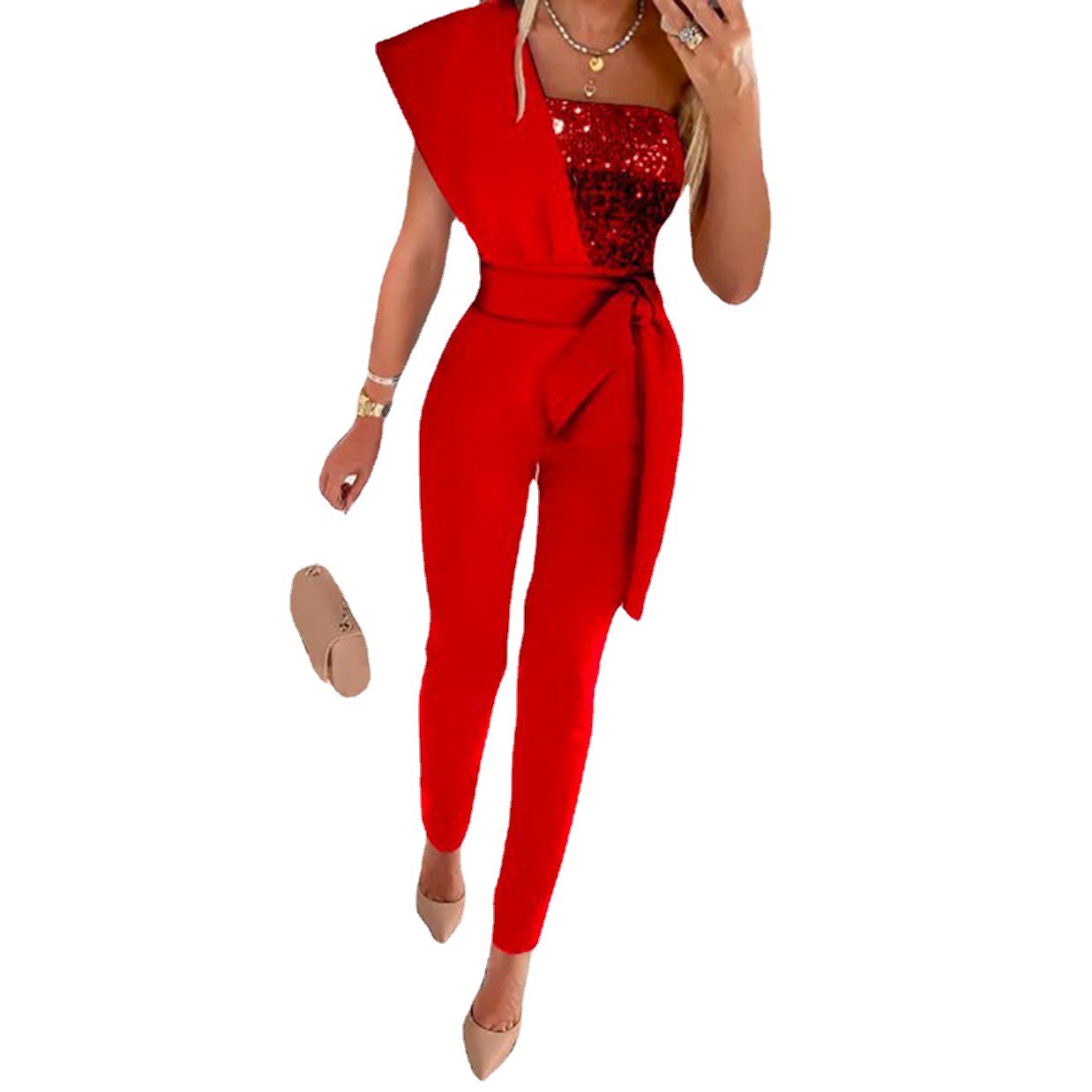 Printed Sleeveless Jumpsuit with Belt and Sequin Detail