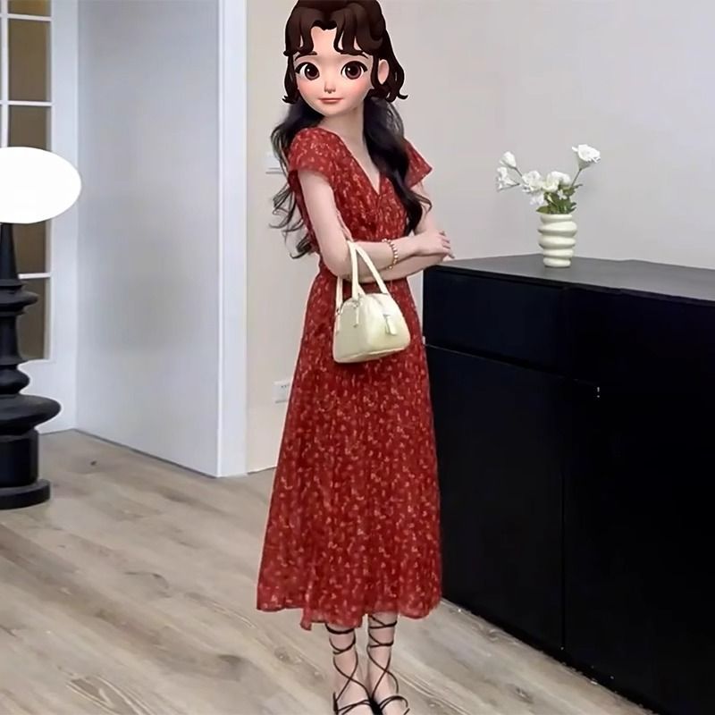 Plus Size French Vintage Red V-Neck Floral Midi Dress with Waist Tie