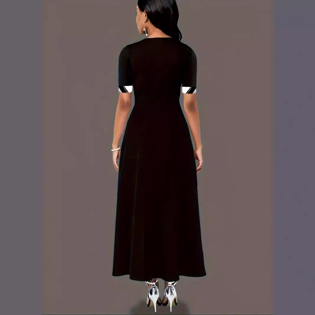 Color-Block Crew Neck Mid-Sleeve Irregular Long Dress