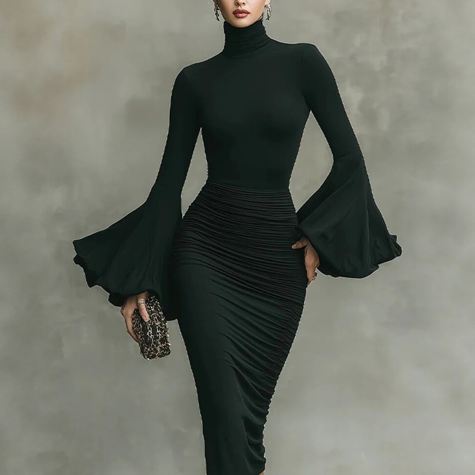 High-Neck Ruched Bodycon Midi Dress with Bell Sleeves