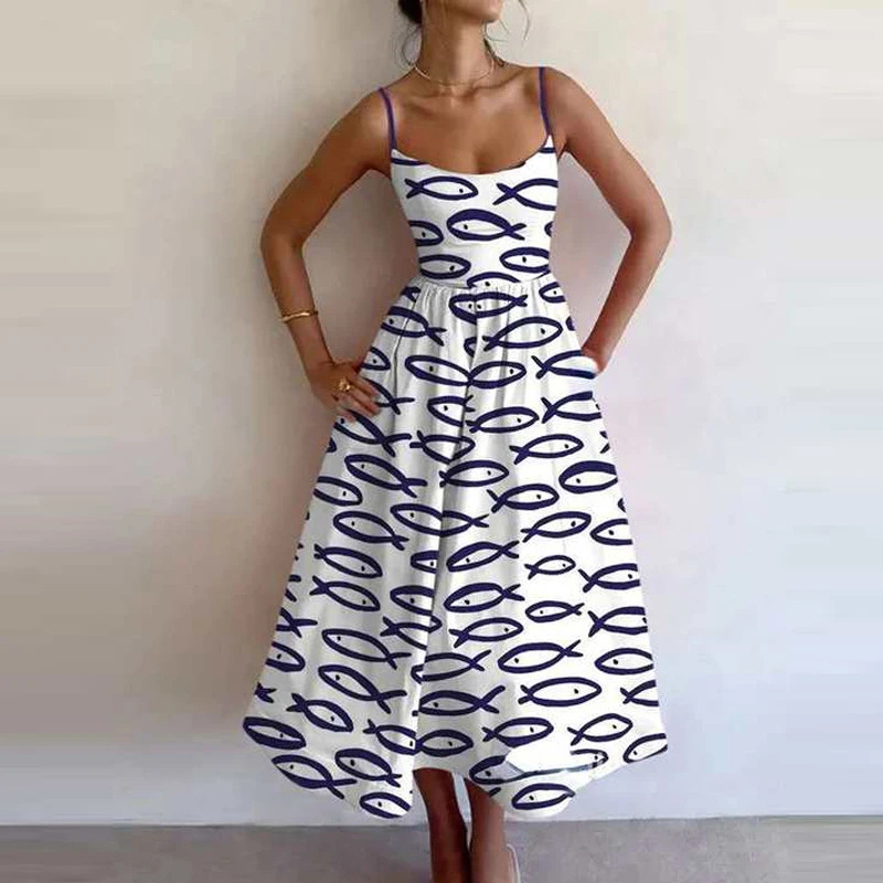 Women's Printed Sleeveless Ruched Waist Long Dress