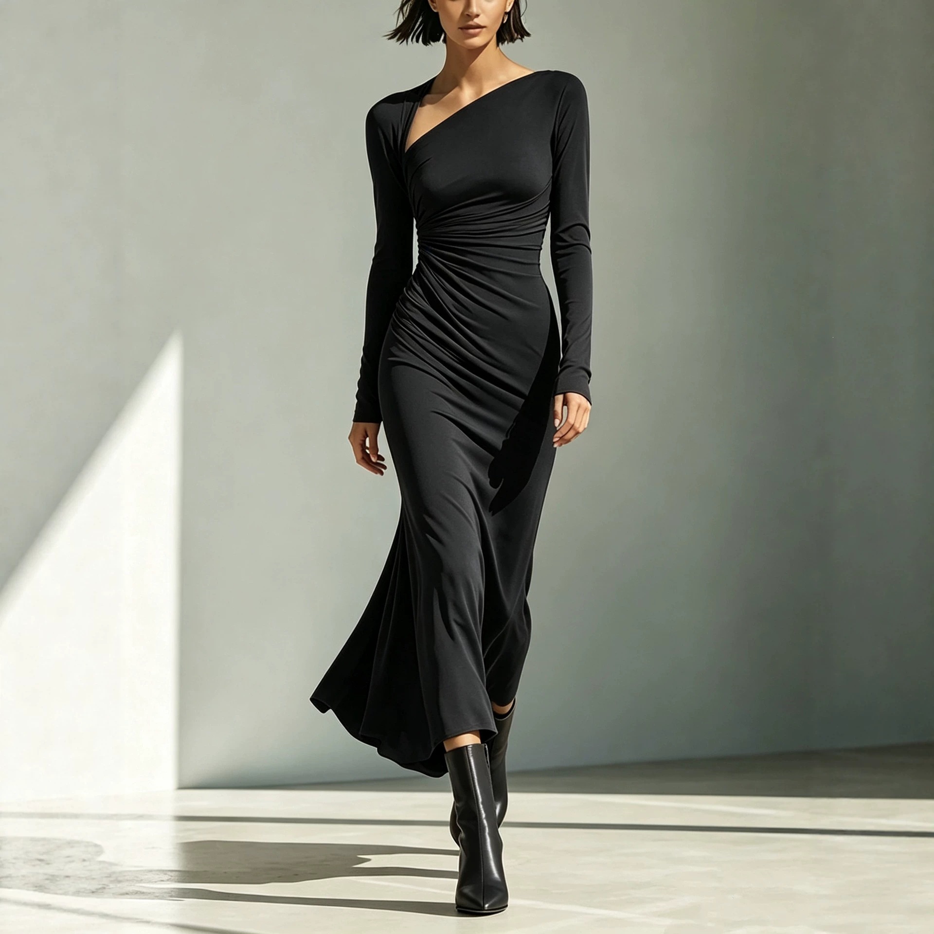 Pleated Solid Long Sleeve Long Dress