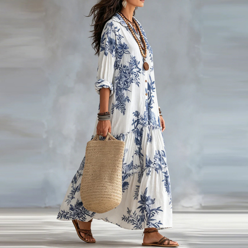 Women's Casual Long Sleeve Lapel Collar Bohemian Floral Print Maxi Dress