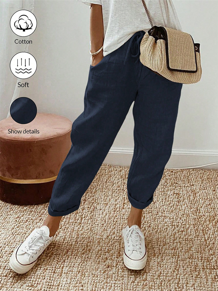 Women's Cotton Linen Cropped Pants with Pockets and Elastic Waist, Loose Casual