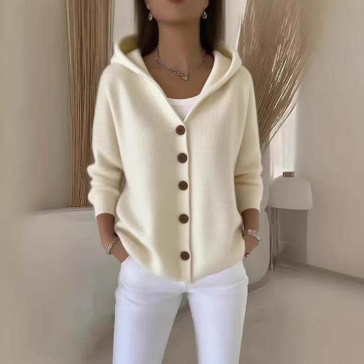 Hooded Knit Cardigan Women Solid Color Casual Sweater Coat