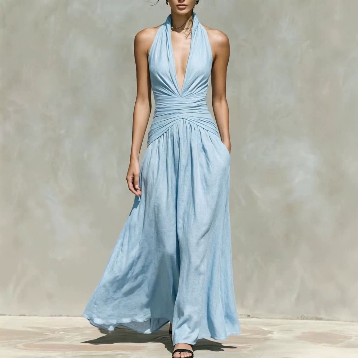 Women's Halter Deep V-Neck Sleeveless High-Waist Slimming Long Dress