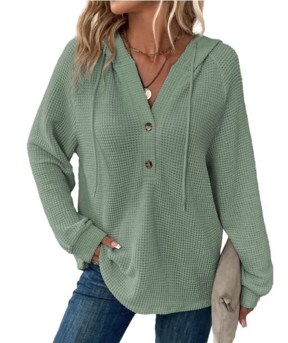 Women's Waffle Knit Drawstring Button V-Neck Hooded Sweatshirt