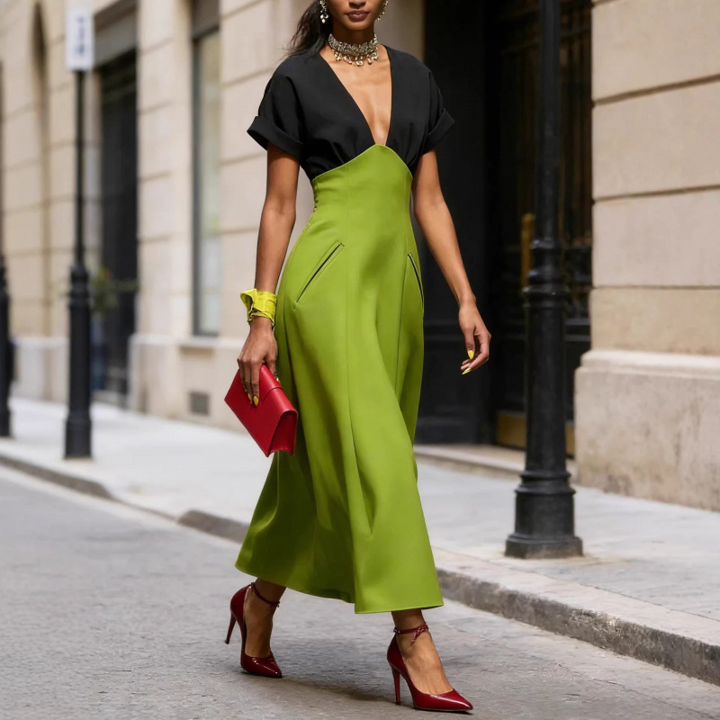 Color-Block Short-Sleeve V-Neck Midi Dress