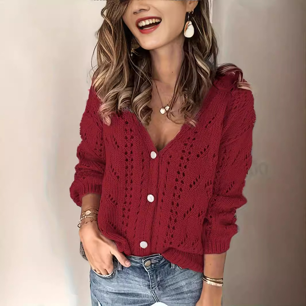 Women's Openwork Crochet Knit Cardigan V-Neck Solid Color