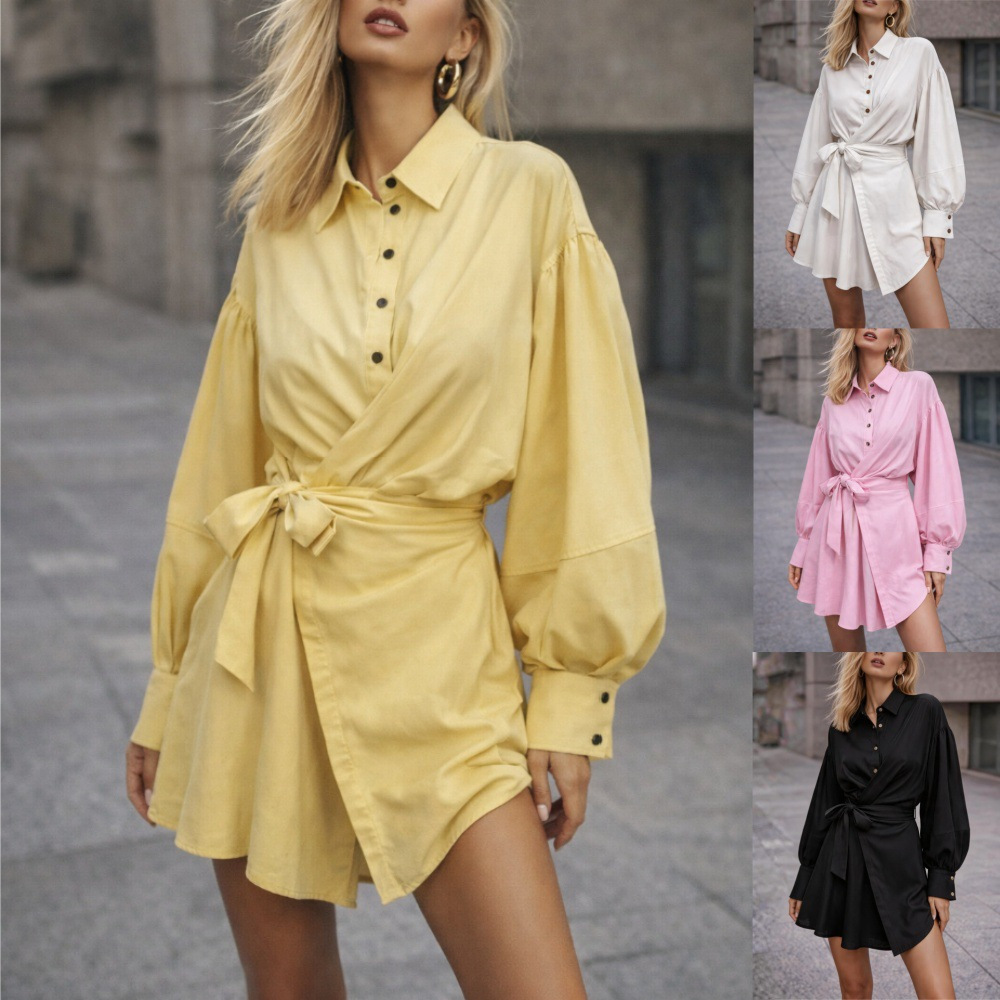 Elegant Solid Color Tie-Waist Lantern Sleeve Shirt Dress