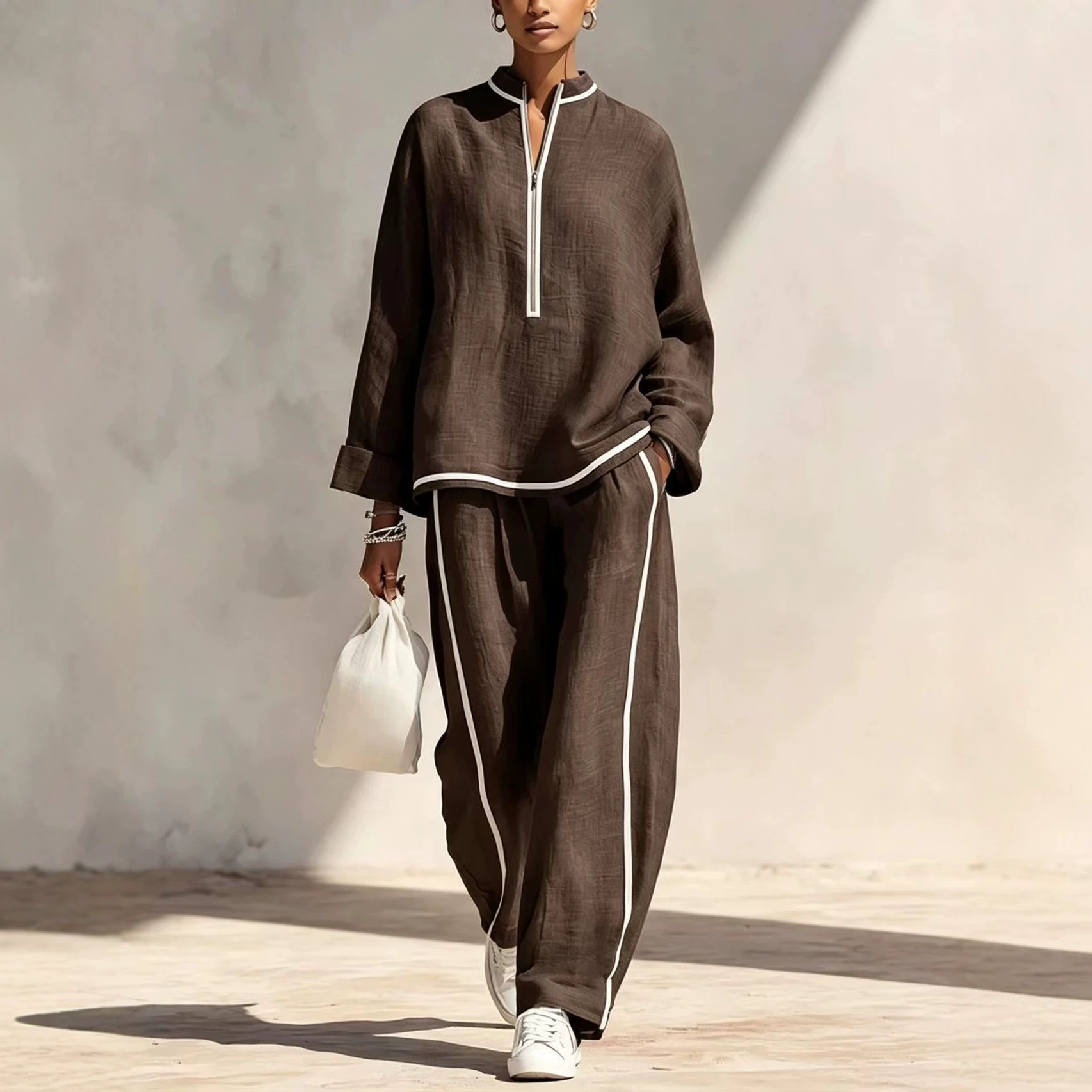 Women's Casual Two-Piece Set with Half-Zip Stand Collar Top and Wide-Leg Pants