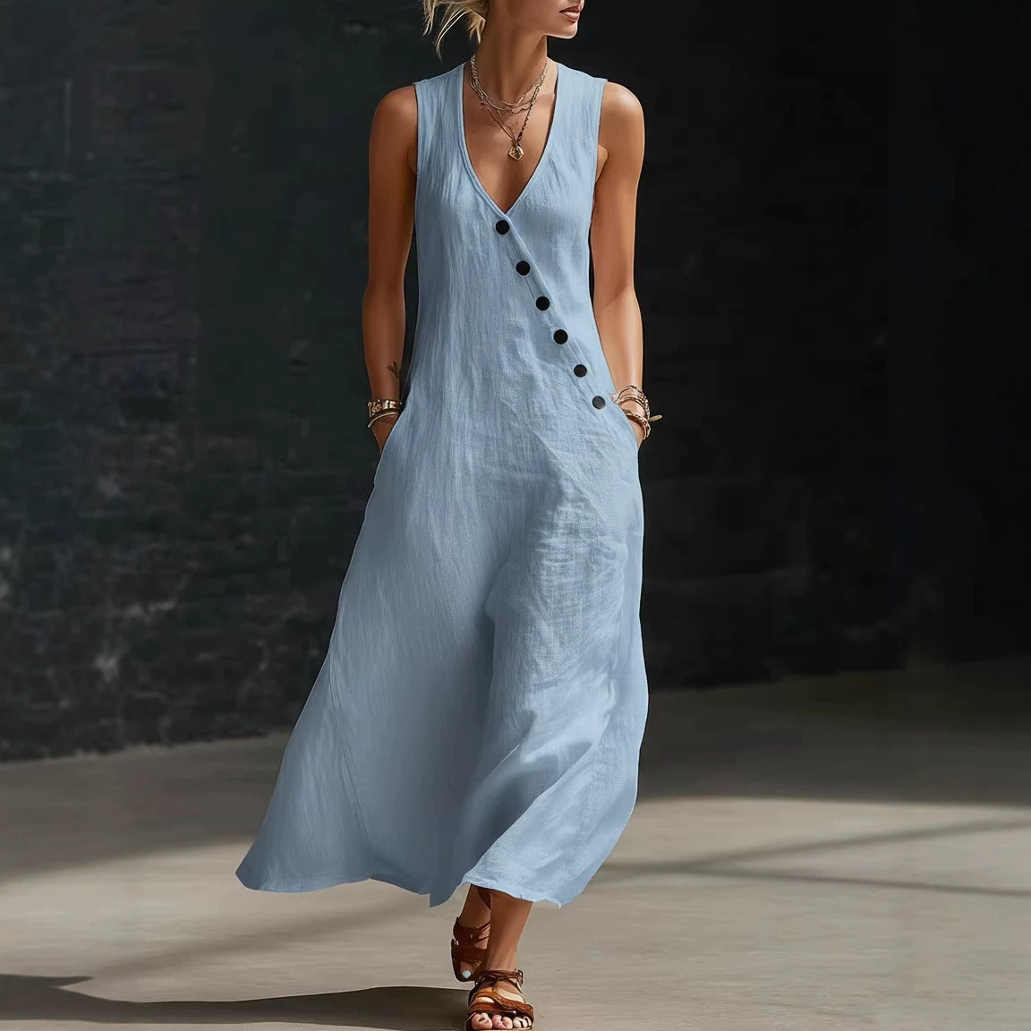 V-Neck Sleeveless Button-Front Midi Dress Cotton-Linen Vacation Casual