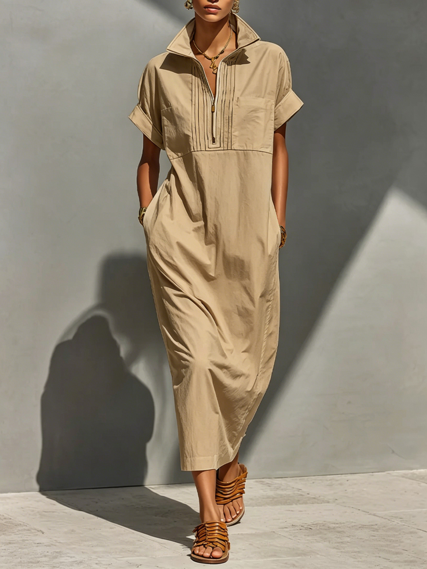 Women's Shirt-Style Jumpsuit with Stand Collar, Half Placket, Pockets, Loose Fit, Midi Length