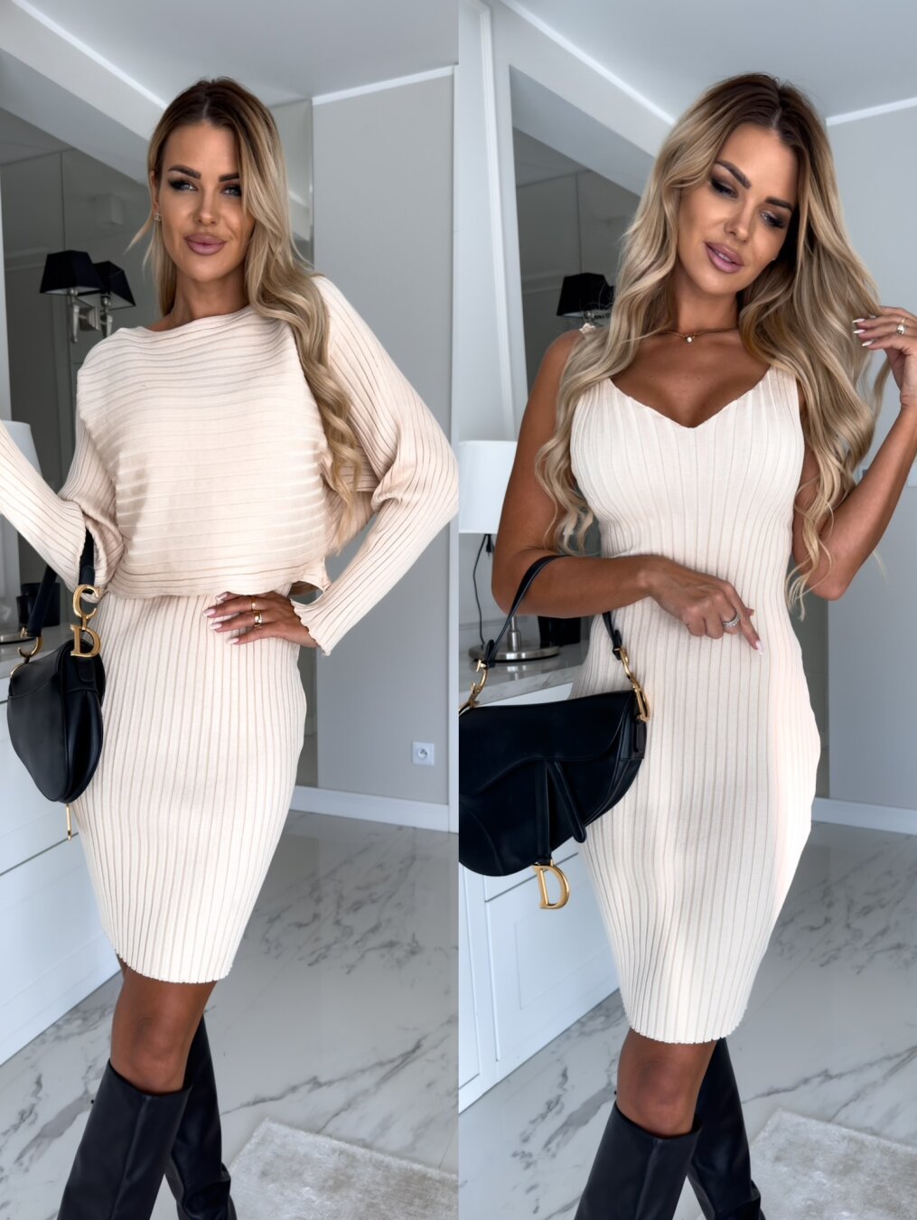 Women's Ribbed Long Sleeve Top and Cami Dress Set
